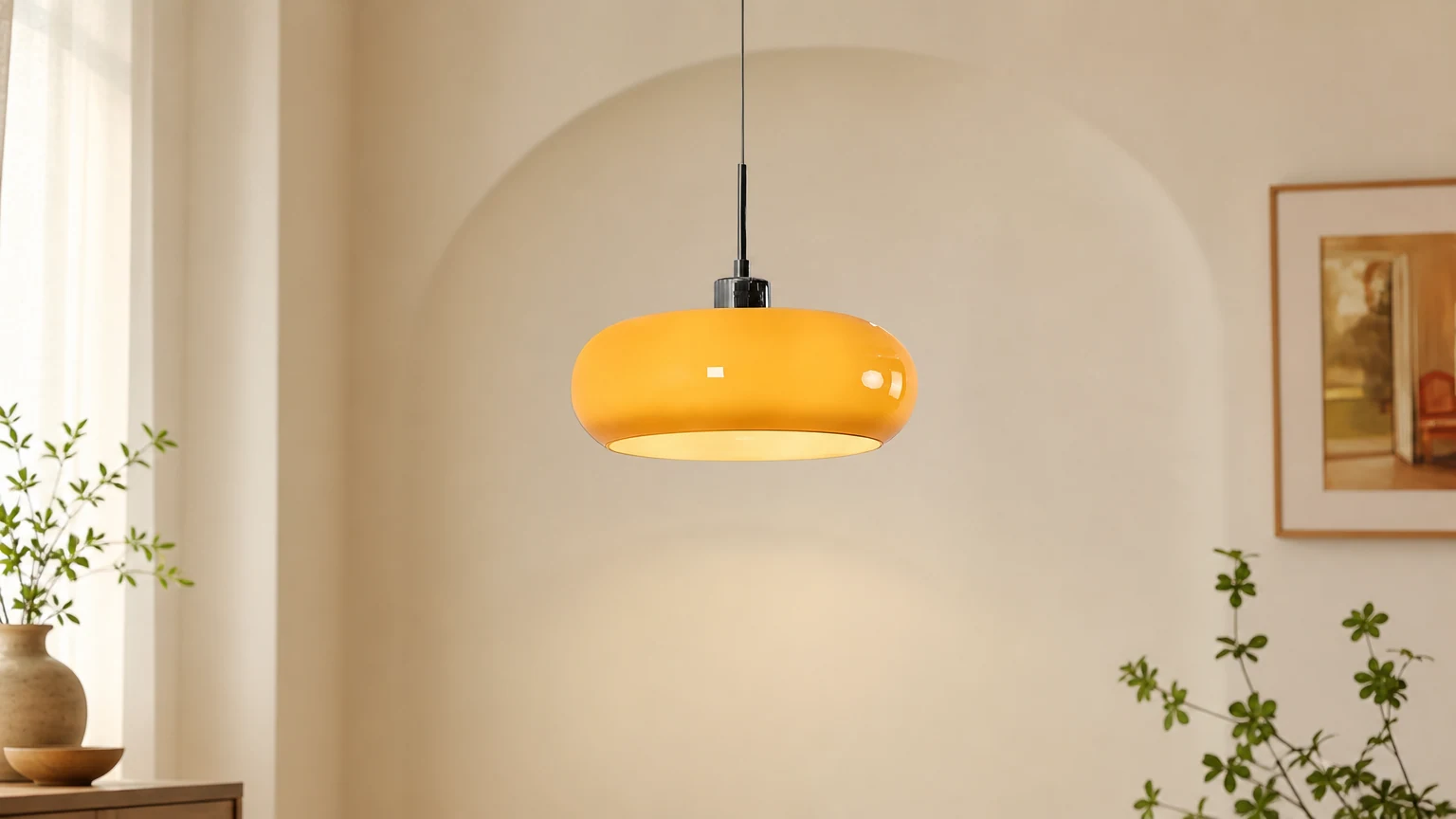 Nordische Retro-Glas-Pendelleuchte in warmem Interieur installiert