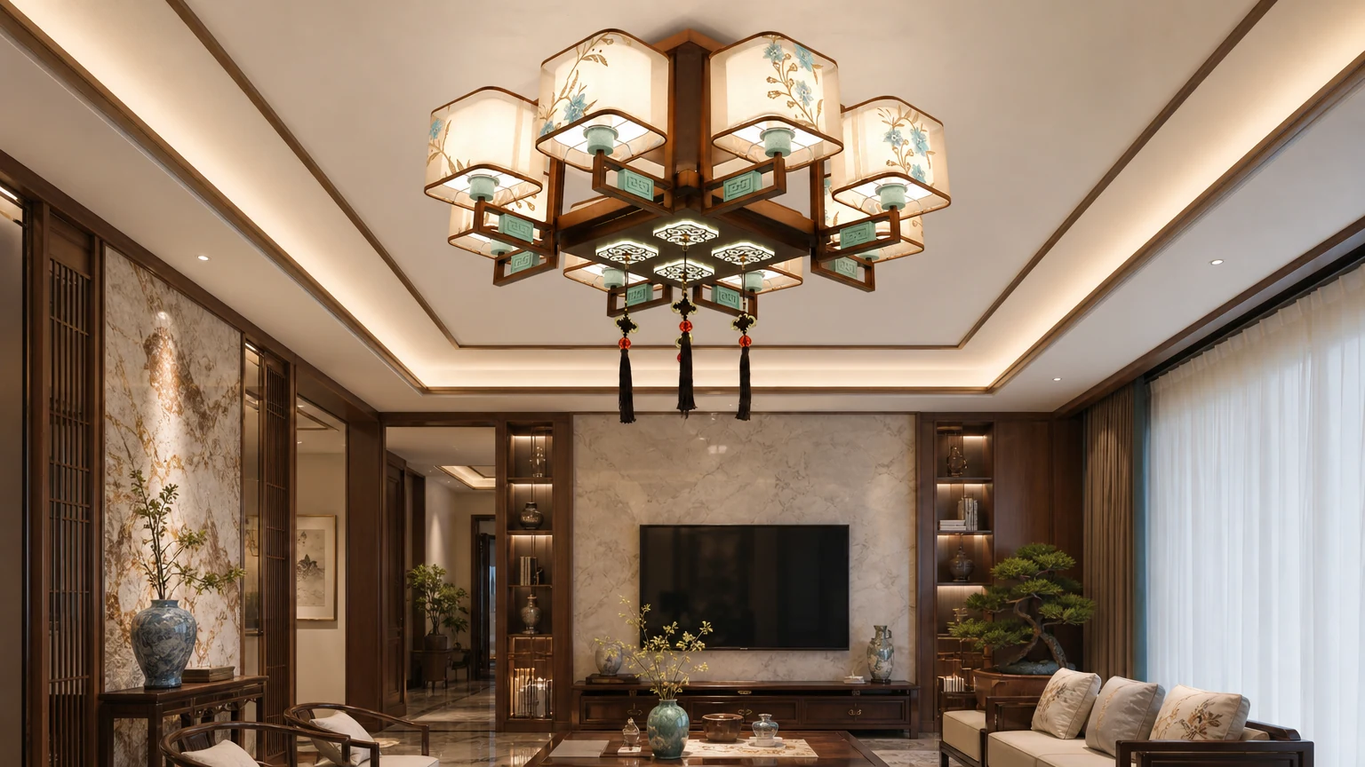 Traditionele Chinese kroonluchter van walnootkleurige stof, geïnstalleerd in een woonkamer.