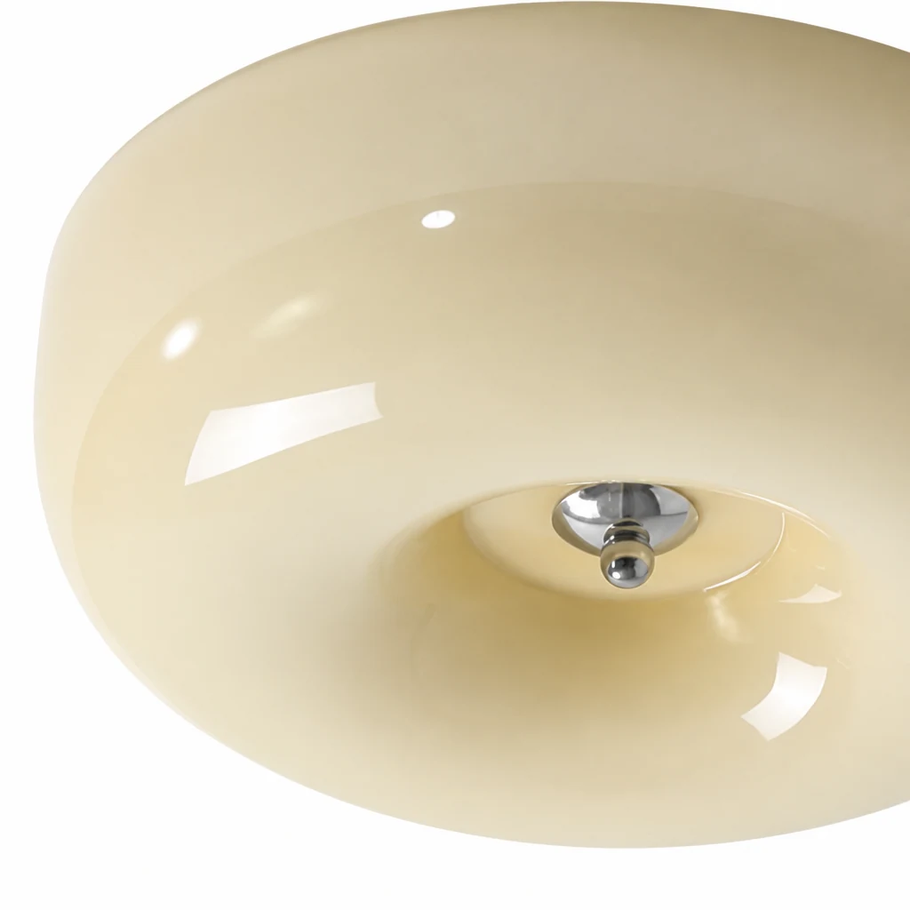 Detailopname van de crèmekleurige glazen afwerking van de plafondlamp.