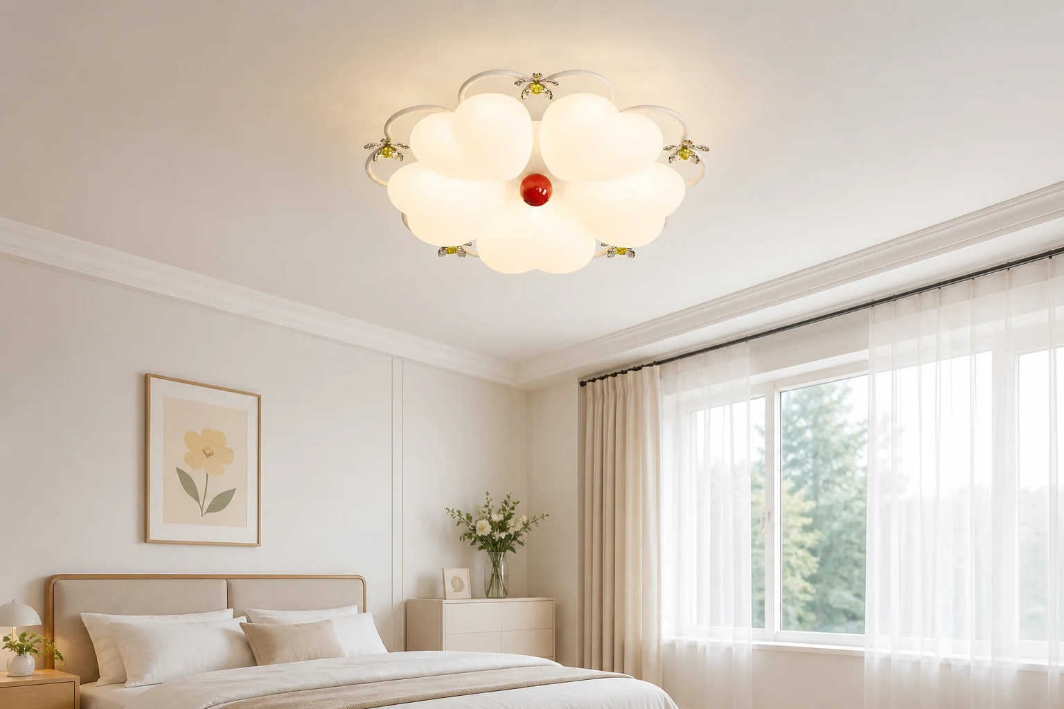 Lampadario nordico a forma di fiore in un ambiente dallo stile delicato.
