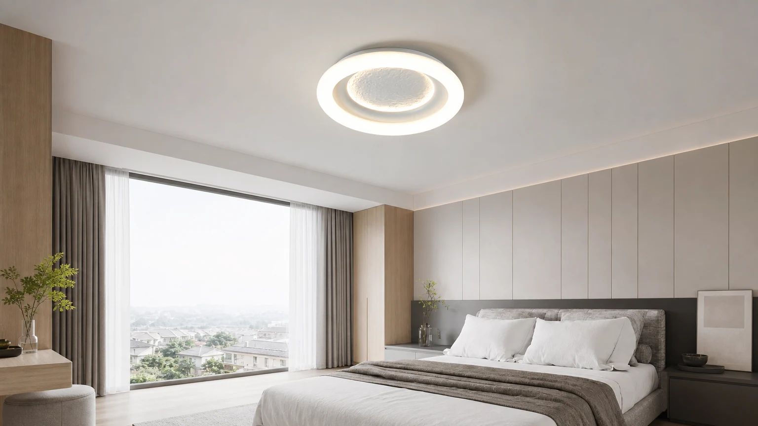 Ronde LED-plafondlamp met astronautenplaneetmotief in een kinderkamer.