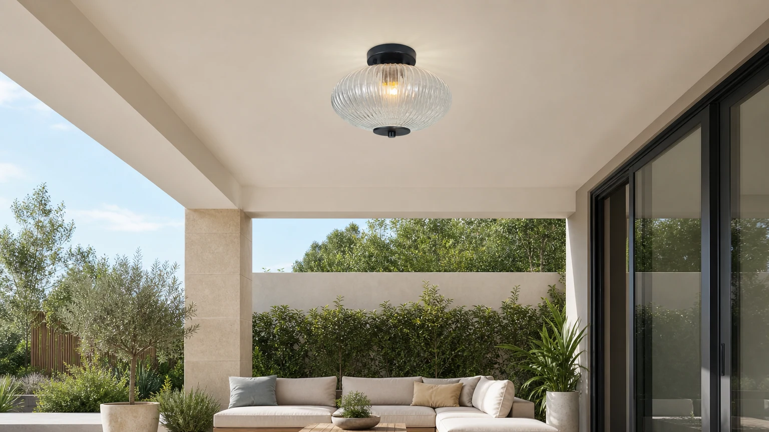 Moderne ovale glazen plafondlamp, halfverzonken gemonteerd in een buitenterras.