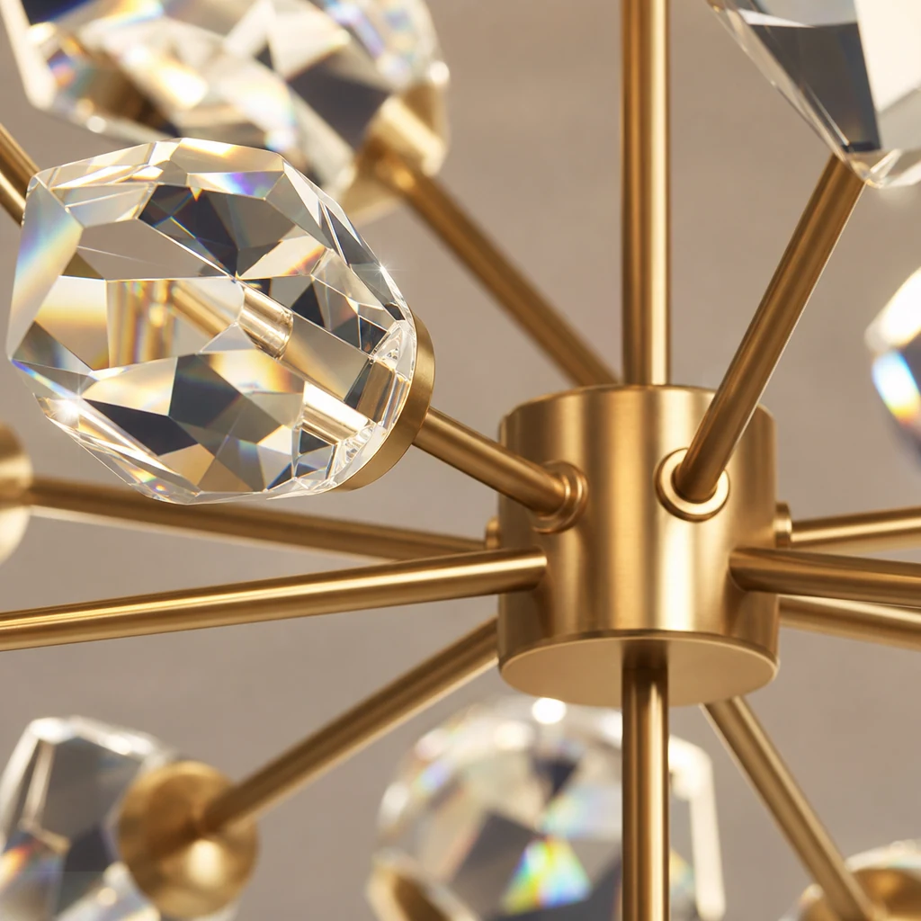 Nahaufnahme des goldkupferfarbenen Kronleuchterarms und des Kristallblockschirms