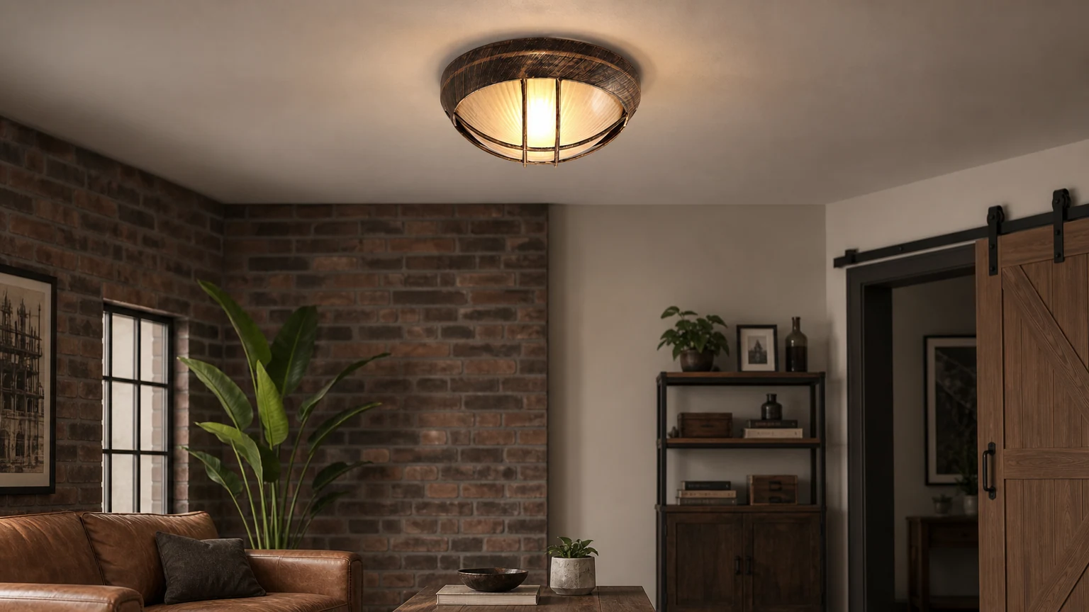 Plafonnier encastré contemporain en fer et verre de style industriel dans une scène de salon