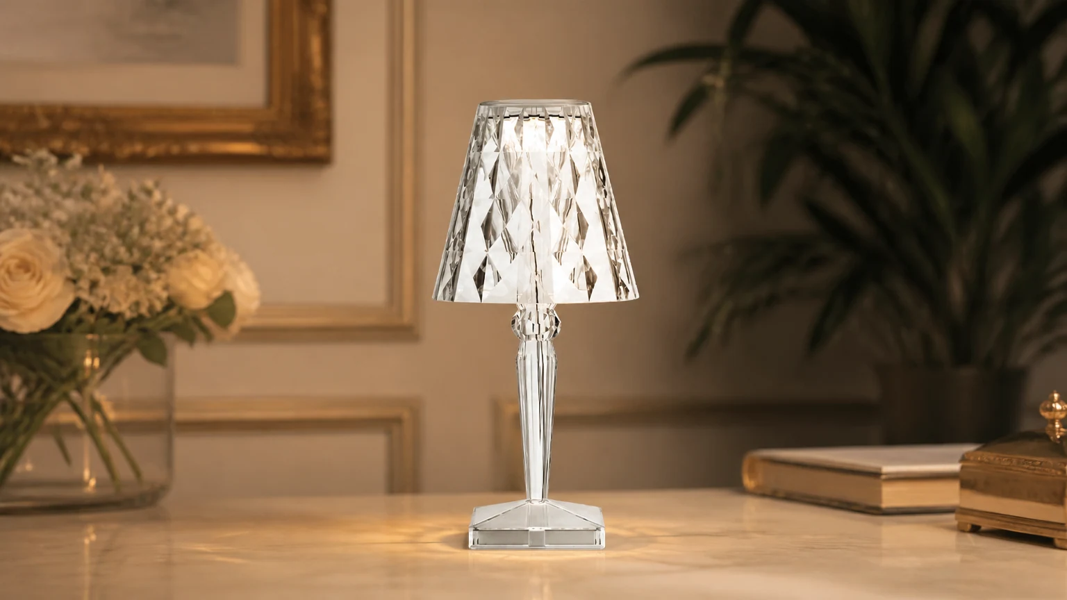 Lampada da tavolo a LED ricaricabile in stile barocco, in una calda ambientazione da tavolo.