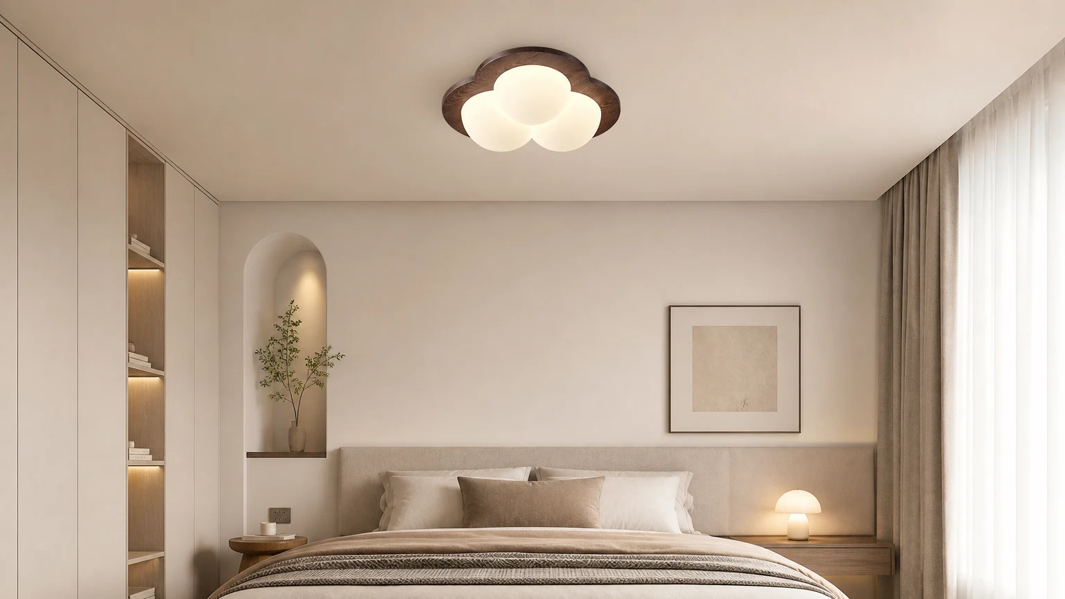 Nordische LED-Deckenleuchte mit Blasenstern-Holzmaserung, flächenbündig montiert, in einem Schlafzimmer installiert