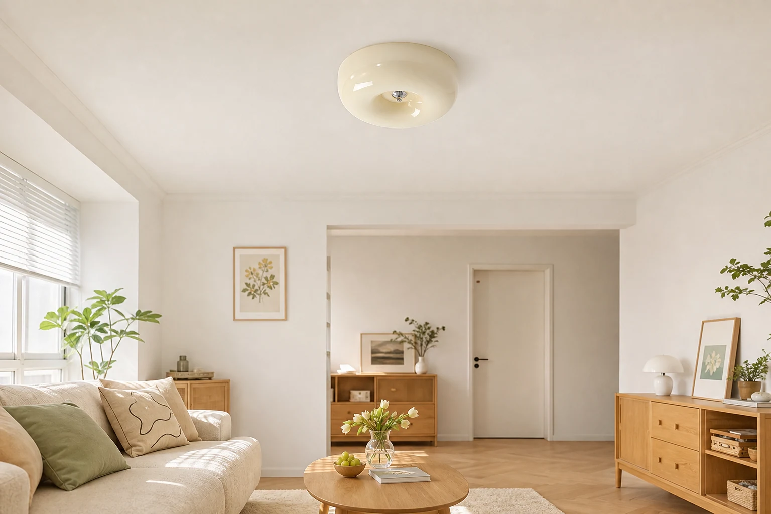 Lifestyle-scène waarin de crèmekleurige plafondlamp in gebruik te zien is.