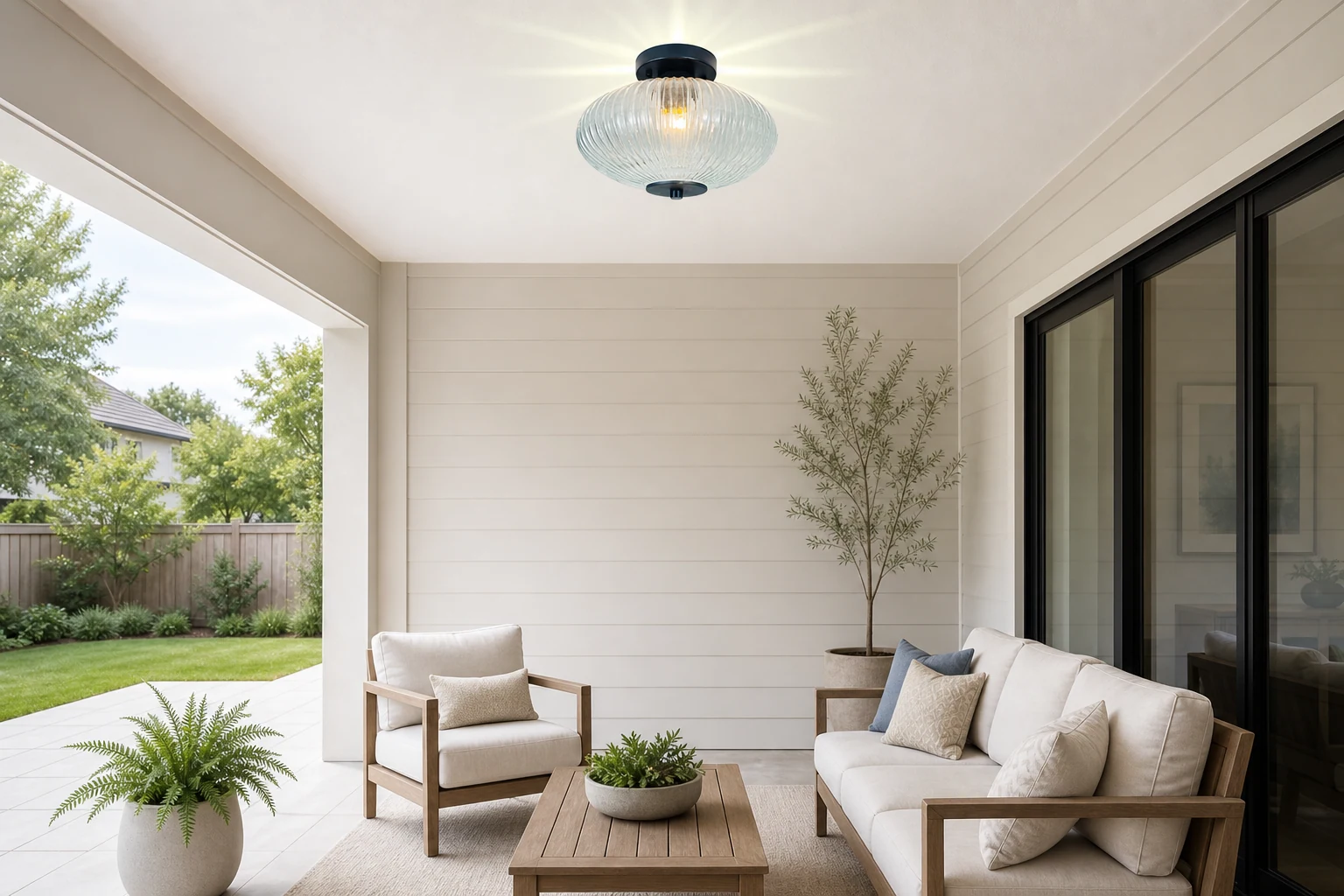 Een lifestyle-opname van de moderne waterdichte plafondlamp in een buitenomgeving.