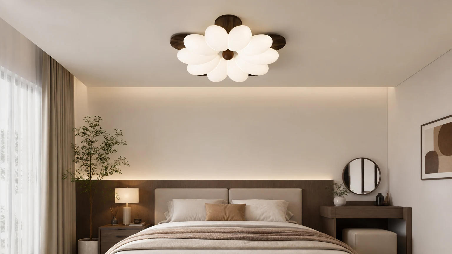 Plafoniera a LED a incasso in legno con petali di fiori, installata in una calda camera da letto.