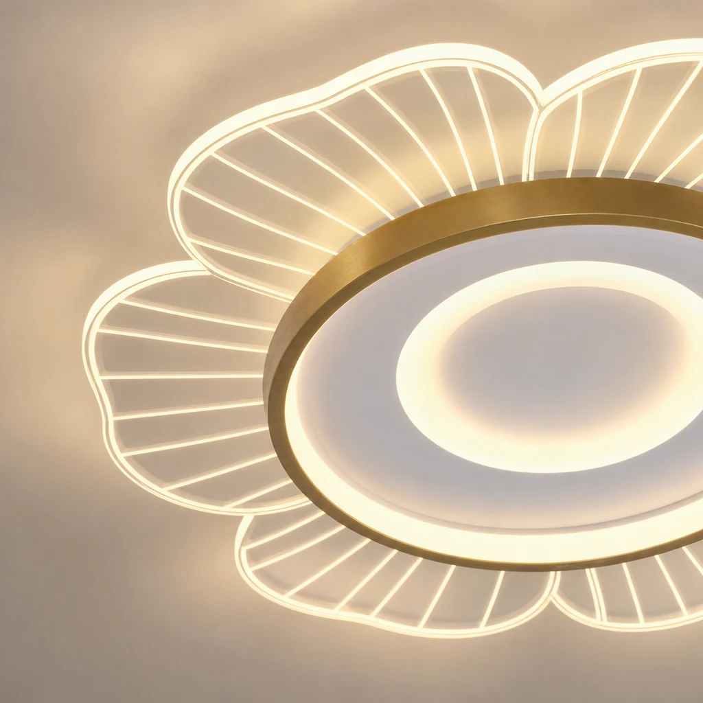 Dettaglio ravvicinato del materiale e della finitura della plafoniera a LED a forma di petalo di fiore