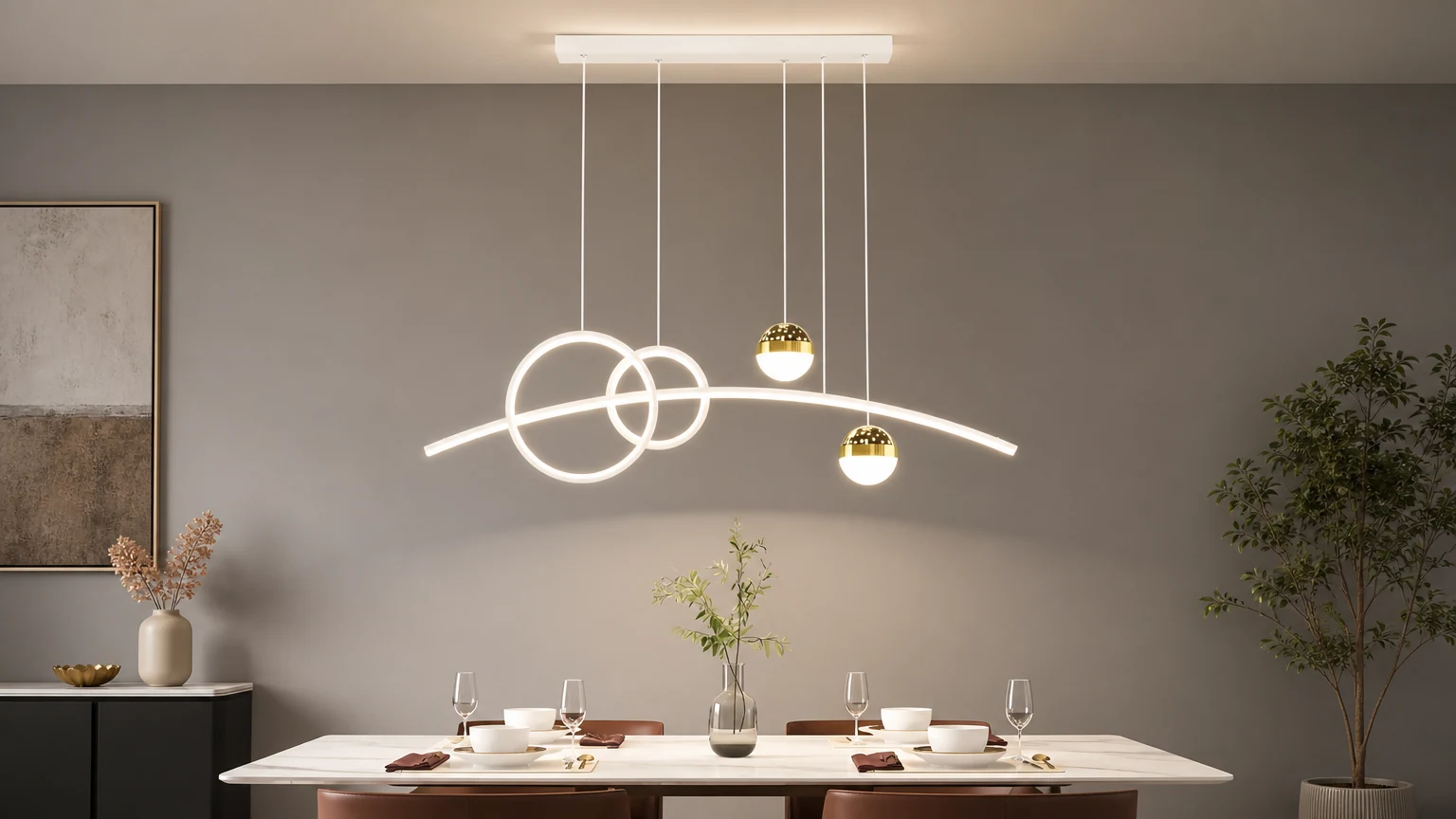 Lustre îlot à LED projetant un ciel étoilé, installé au-dessus d'une salle à manger
