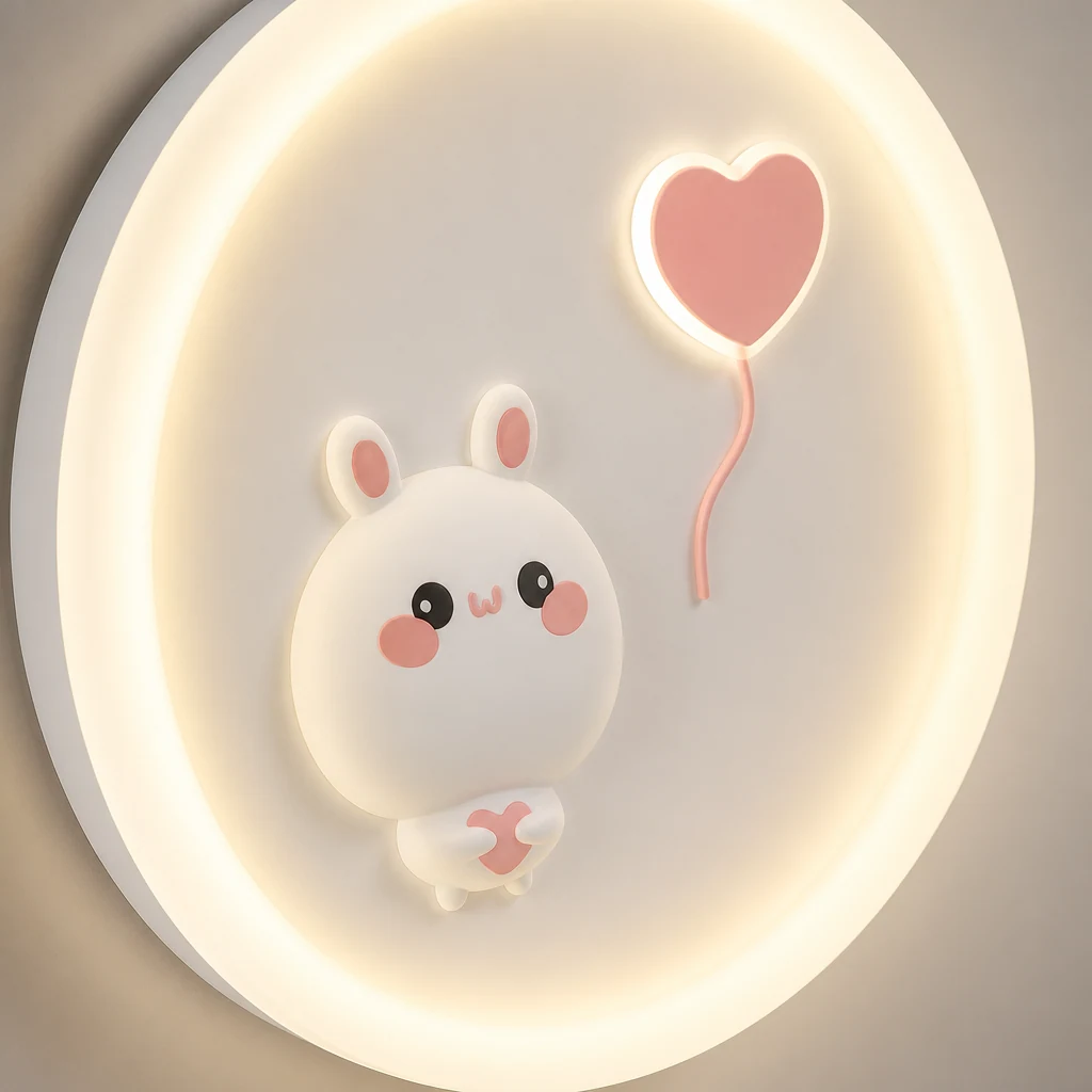 Detailaufnahme des Acrylschirms und des Gehäuses der LED-Deckenleuchte in Hasenform.