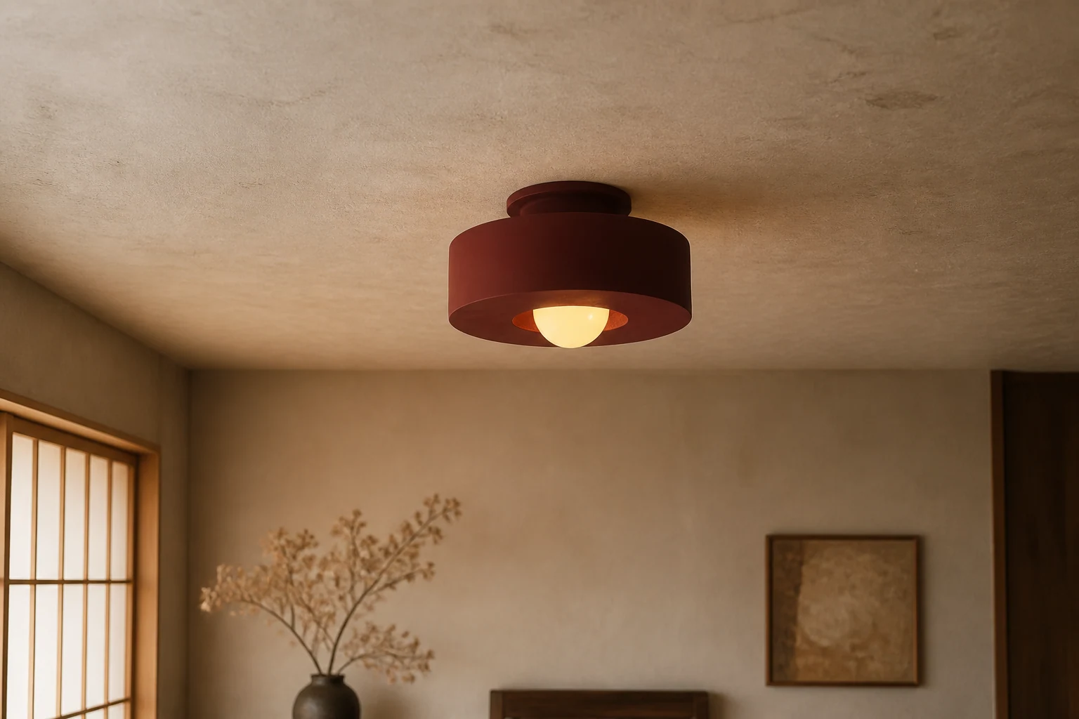 Retro Wabi Sabi hars plafondlamp in een lifestyle interieur.