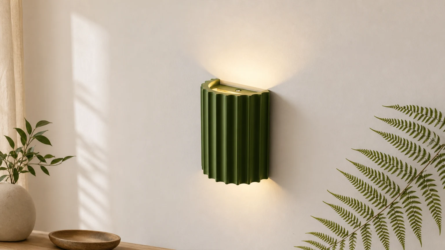 Applique murale minimaliste en résine cannelée et nervurée dans un intérieur au style doux