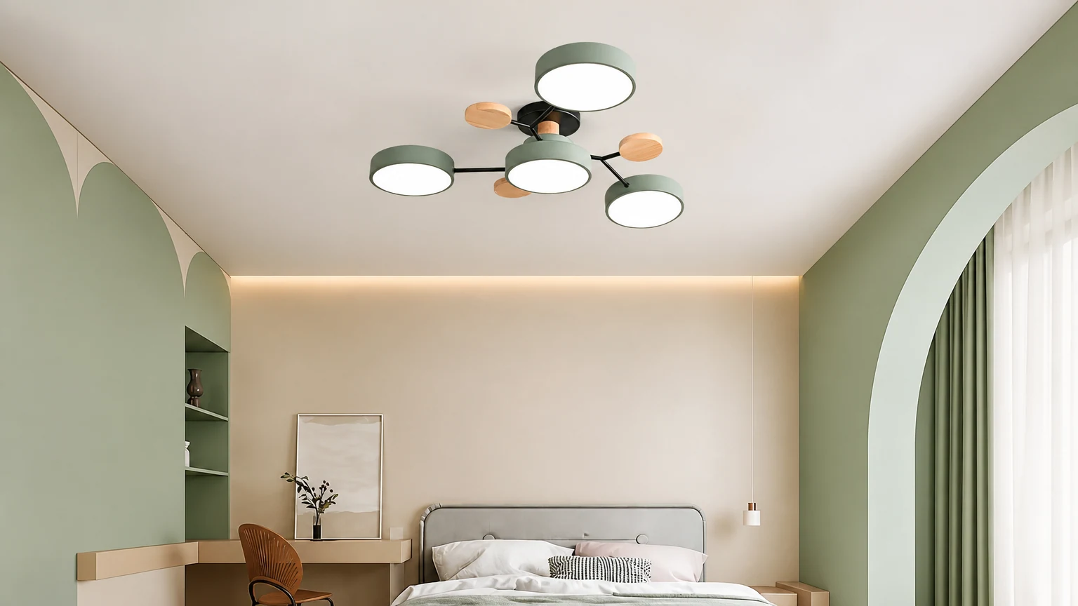 Een Scandinavische plafondlamp met meerdere lichtkoppen in een kamer.