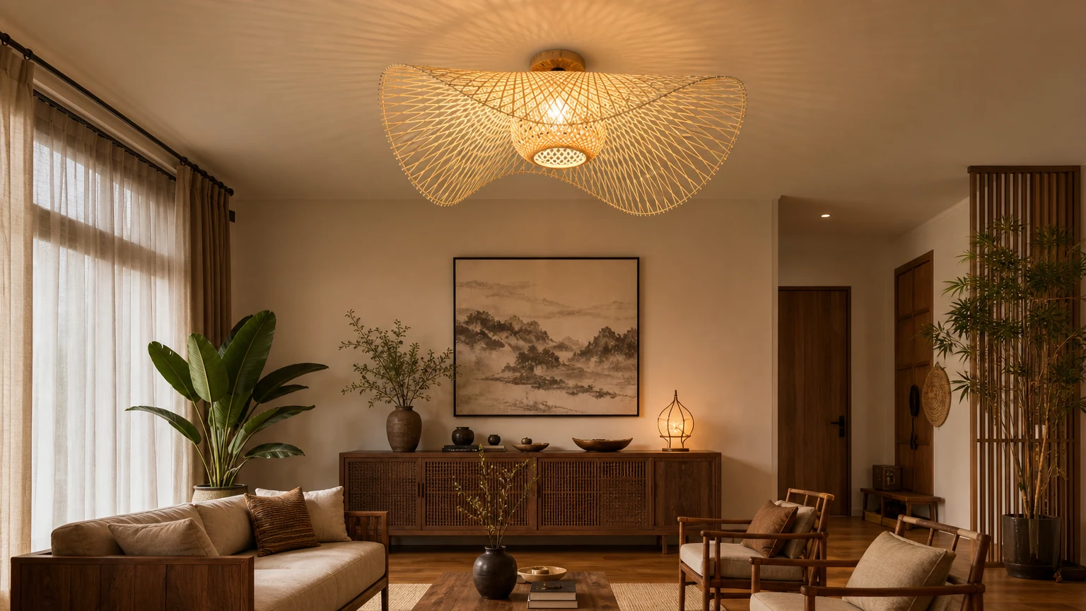 Plafondlamp van bamboestrohoed, getoond in een warme kamer.