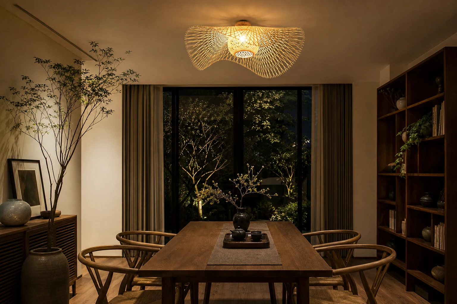 Bamboe plafondlamp getoond in een interieur van een lifestylekamer.