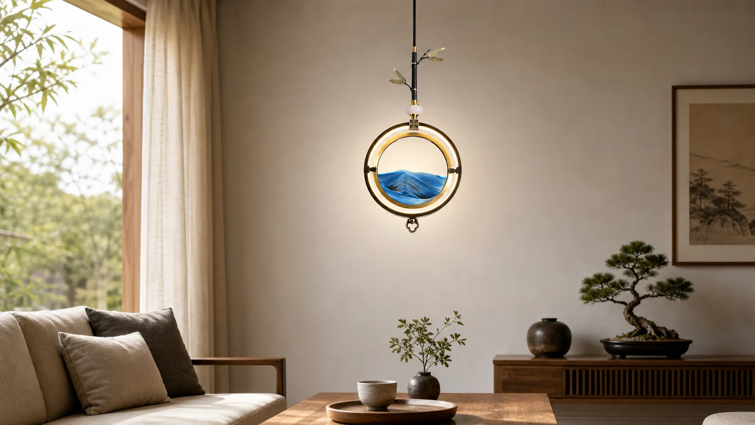 Lampada a sospensione tradizionale giapponese rotonda in rame e vetro con LED in un'atmosfera calda d'interni.
