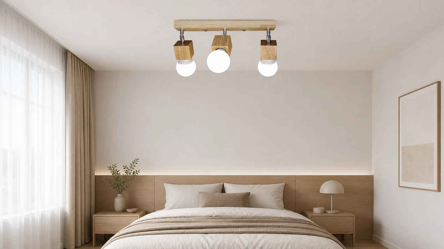 Moderne, minimalistische vierkante houten plafondlamp met halfverzonken montage in een slaapkamer.