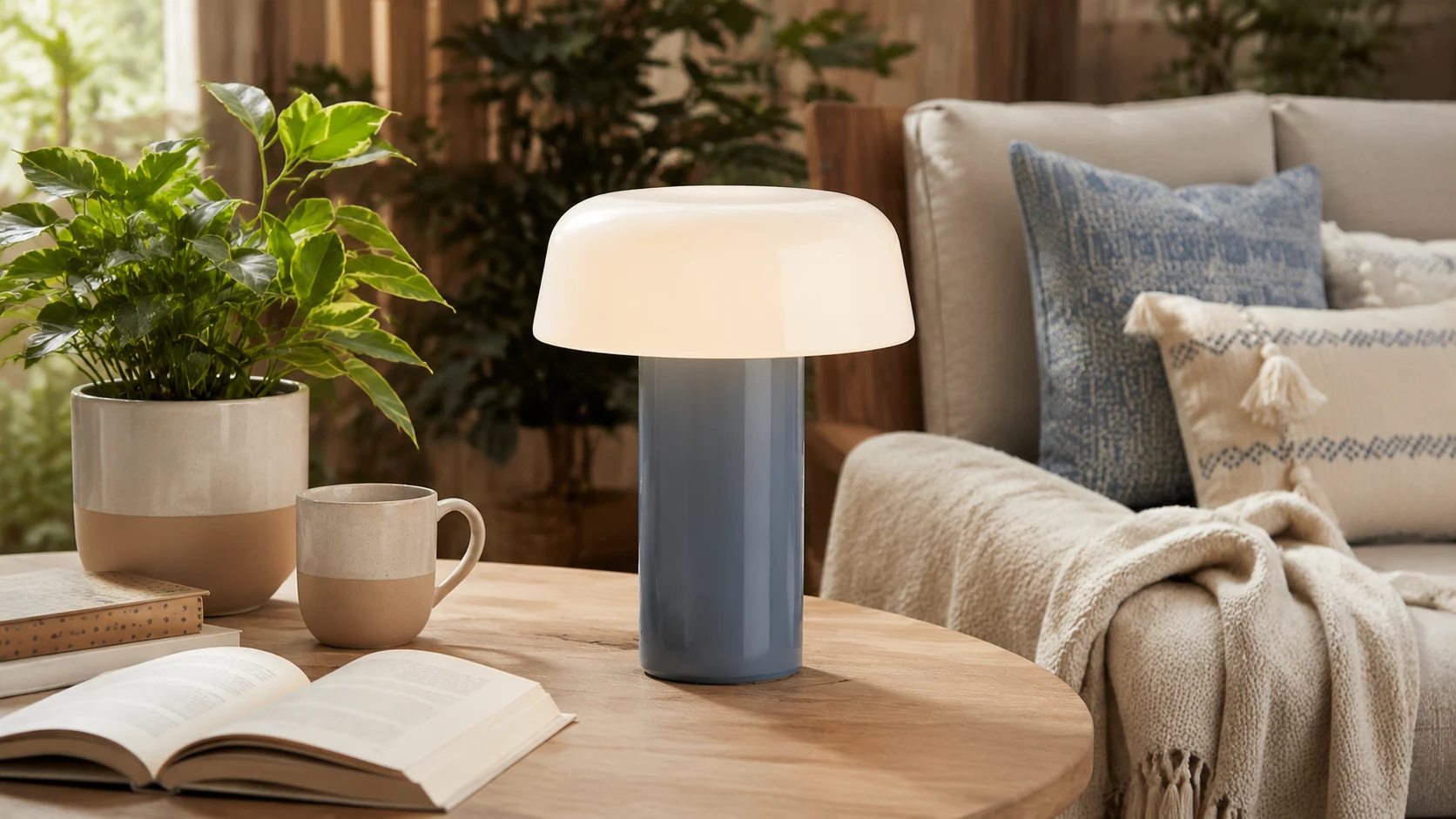 Lámpara de mesa Lachesis de cristal de colores con forma de hongo en un ambiente de habitación.